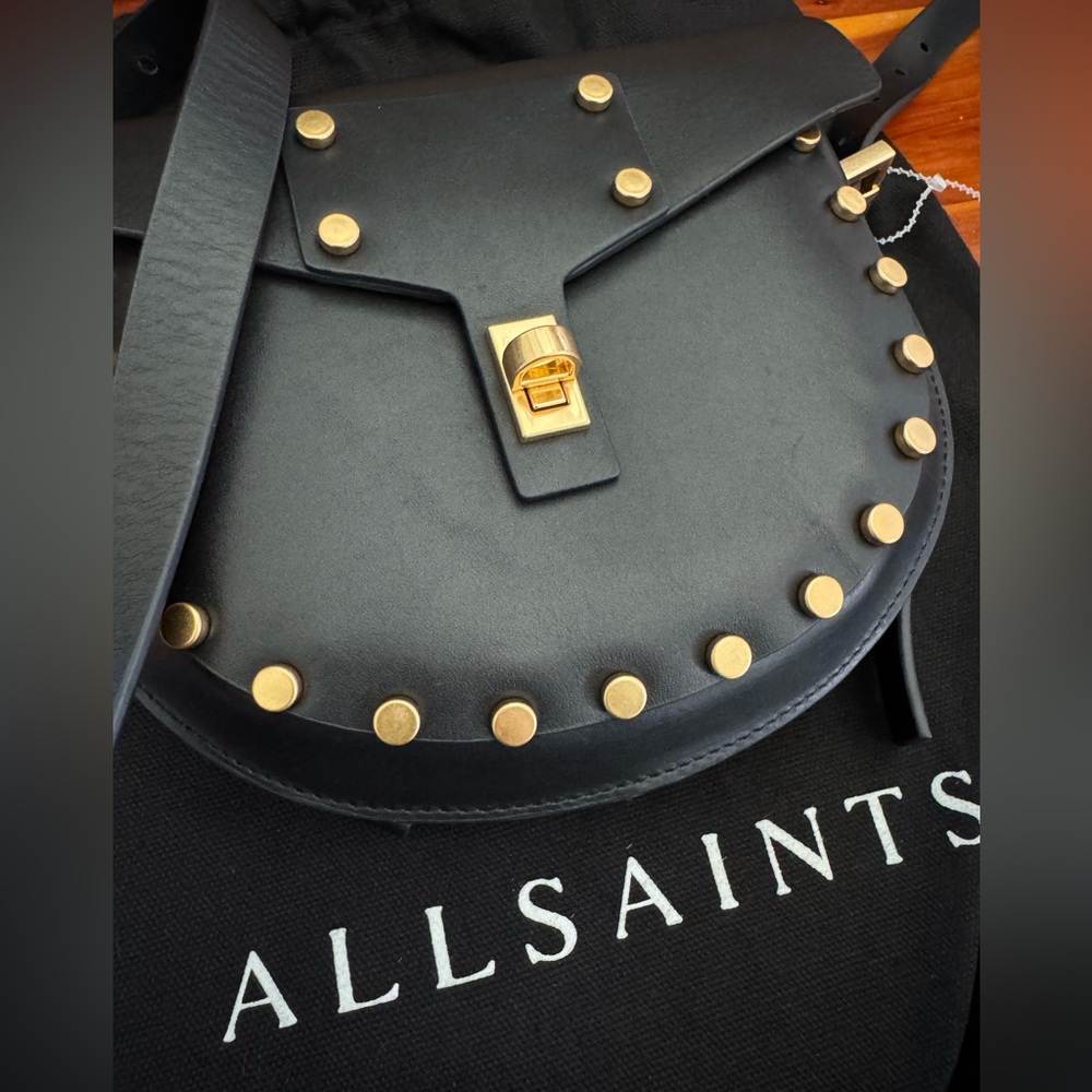 AllSaints Miro Mini Saddle Bag Black Studded Leather NWT + Dust Bag - Picture 3 of 15